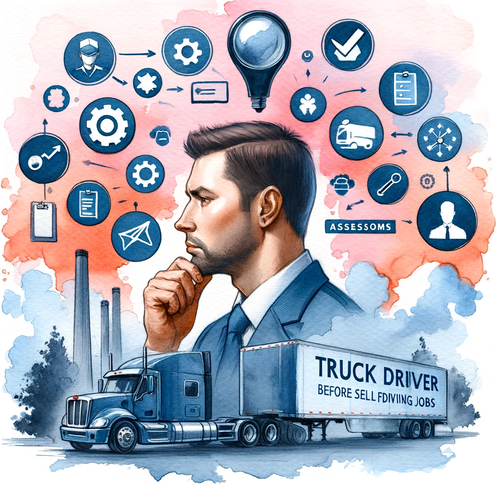 自己評価を行うトラックドライバーを囲むスキルやキャリア目標を象徴するアイコン