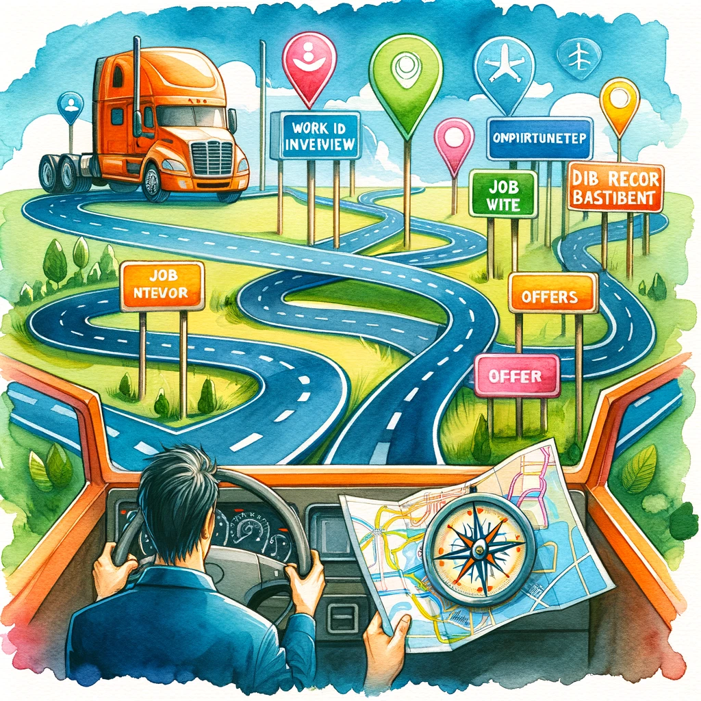 トラックドライバーが適職を見つける旅を象徴的に表現した道路と選択肢