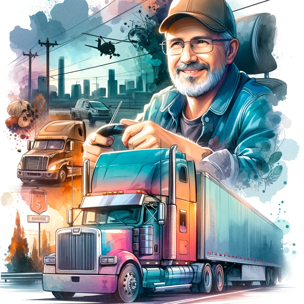 50代トラック運転手が都市と田園を背景にした水彩画風イラスト